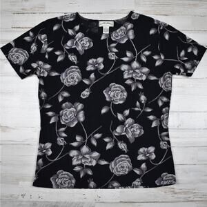Vintage Women's Slim Fit Large Black Gray Floral Top Romantic Whimsigoth Grunge